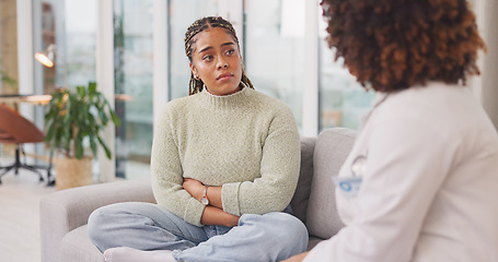 Image showing Healthcare, consulting and support with doctor and patient for problem, conversation and rehabilitation. Advice, psychology and mental health with woman on sofa for counseling, depression and therapy