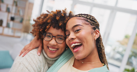 Image showing Lesbian couple, face and live streaming on sofa for social media, vlog or blog, happy and smile. Portrait, love and gay female influencer recording for website, podcast or on video call in new house