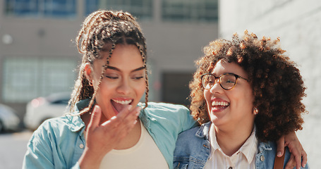 Image showing Women, lesbian couple walking and laughing in city, bonding and hugging together on street. Girls, love and smile of happy females talk on romantic date, laugh at funny joke or comedy, humor or comic