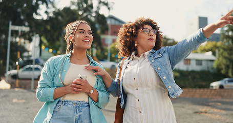 Image showing Friends, phone and selfie in a city for travel, fun or day off against an urban background. Women, social media and traveling influencer with photo or profile picture for blog, vlog or sightseeing