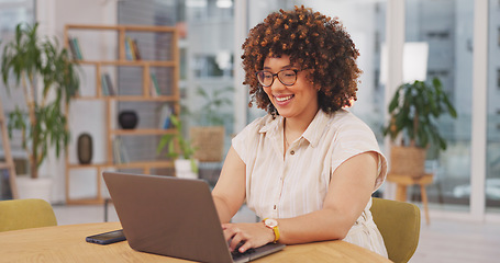 Image showing Laptop, happy and woman in the office while working on a corporate project with research. Technology, business and professional female employee planning a company report on computer in the workplace.