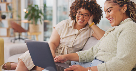 Image showing Funny, women and friends with laptop, discussion and happiness in workplace, laughing and success. Female employees, coworkers and consultants with device, technology and humor in office and smile.