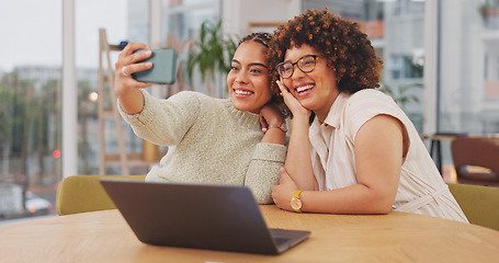 Image showing Woman, friends and smile for selfie, vlog or profile picture together blowing kiss by living room table at home. Happy women smiling for photo, memory or facial expression for social media post