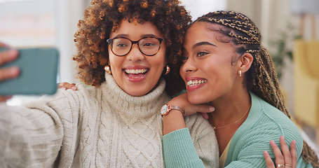 Image showing Woman, friends and smile with peace sign for selfie, vlog or profile picture with facial expression on living room sofa at home. Happy women smiling for photo, memory or social media post on couch