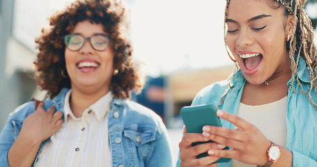 Image showing Joke, women and smartphone outdoors, talk and searching, browsing or share social media meme in London. Laughing, phone and friends in a city online for meme, comic or app against an urban background