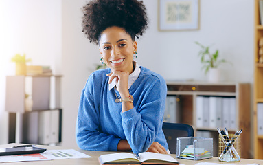Image showing Happy, business and face of woman in office with smile for confidence, success mindset and startup goals. Company, leader and portrait of female entrepreneur at desk for planning, growth and pride