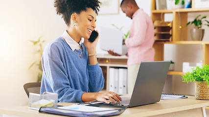 Image showing Business, phone call and woman with documents, planning and confirm deadline for administration, project and speaking. Female employee, secretary and consultant with smartphone, talking and paperwork