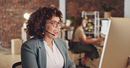 Image showing Night call center and happy woman, agent or consultant global discussion, tech support or service at ecommerce startup. Friendly biracial person or business telecom worker virtual talking on computer