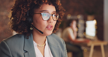 Image showing Call center, telemarketing and woman talking, customer service and helping client online. Female consultant, agent and employee with headset, tech support and conversation in workplace for ecommerce