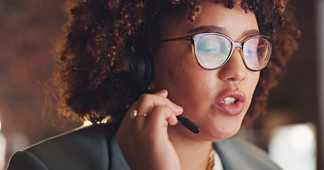 Image showing Call center, woman and consultant with telemarketing, talking and connection for customer service. Female agent, lady and operator in workplace, tech support and communication in workplace and help