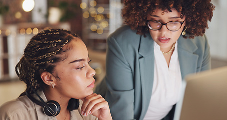 Image showing Business, employee and manager help consultant, conversation or explain new system in office. Female supervisor, agent or coworkers in workplace, talking or process with update, support or discussion