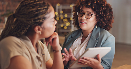 Image showing Tablet, meeting and collaboration with a business woman team in the office at night for strategy or planning. Teamwork, talking or discussion with a female employee and partner at work together