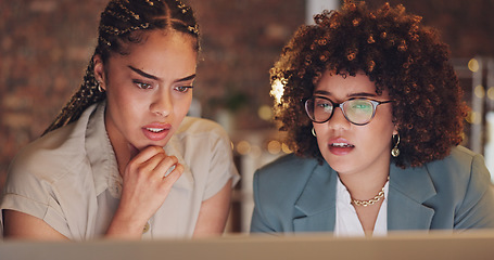 Image showing Business, women and employees with planning, conversation and brainstorming in workplace. Female consultants, agents and coworkers with technology, discussion and web design in office and share idea