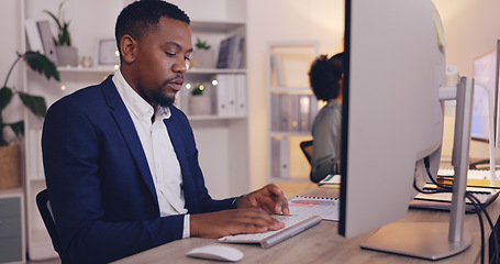 Image showing Laptop, office administration and happy black man typing finance report, online banking review or financial accounting. Bookkeeping, budget funding analysis and bank admin working on payroll system