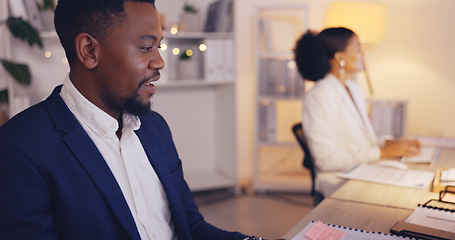 Image showing Business, writing and black man with notebook by computer working late for planning, proposal and project. Corporate, focus and male worker at desk schedule, website research and online report notes