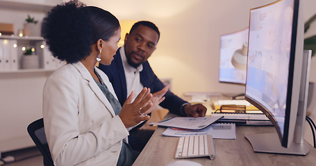 Image showing Business people, collaboration and computer communication of office staff talking. Teamwork, management conversation and company brainstorming of a professional woman employee with a worker contract