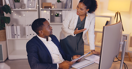 Image showing Business people, night and team discussion for deadline, project report and corporate collaboration. Employees, talking and overtime with paperwork, planning strategy and conversation at office desk