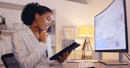 Image showing Computer screen, thinking and black woman for business research, analysis or website design review in night office. Serious, focus and professional person with ideas on digital tablet and desktop pc