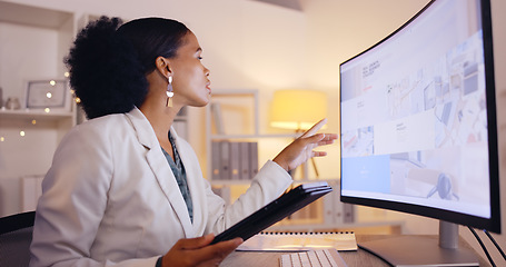 Image showing Planning, computer and tablet with black woman in office for website, branding and digital marketing. Review, night and corporate with female employee in startup for research, proposal and commitment