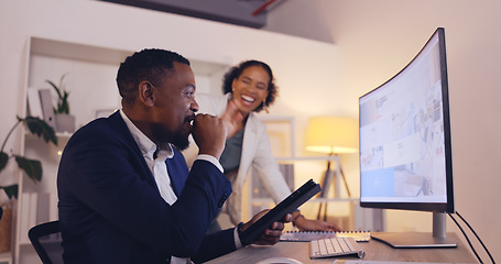 Image showing Business people, success and team celebration at computer, office and collaboration at night. Happy employees, high five and celebrate winning target, excited achievement and bonus goals on desktop