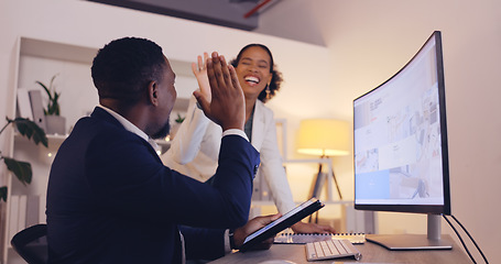 Image showing Laptop, excited and happy black man celebrate IPO launch, stock market trading news or financial revenue winner. Achievement, ecommerce cheers or person scream for forex, bitcoin or crypto NFT profit