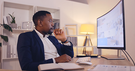 Image showing thinking and black man for business research, analysis or website design review in night office. Serious, focus and professional person with ideas on digital tablet and desktop pc