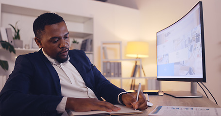 Image showing Writing, planning and business black man on computer in office working late for strategy, proposal and schedule. Corporate, focus and male worker at desk write notes for information, research and web