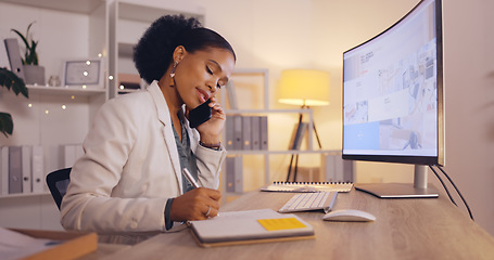 Image showing Phone call, planning and business woman talking, helping or support for virtual client, writing notes and strategy at night. Professional worker or african person on cellphone discussion and notebook
