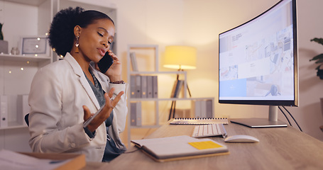 Image showing Black woman, business and phone call for consultation, conversation or discussion at office. Happy African American female employee talking or consulting on smartphone for marketing at workplace