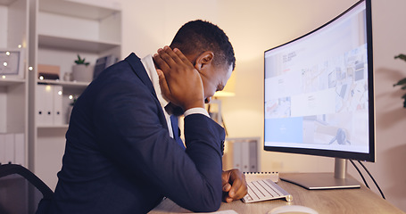 Image showing Office problem, neck pain and business black man with medical anatomy injury, emergency crisis or fibromyalgia. Mental health, accounting stress burnout or night accountant with osteoporosis strain