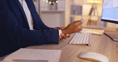 Image showing Hands of business man with pain, carpal tunnel syndrome or wrist strain from overtime, late night work or keyboard typing. Arthritis risk, medical emergency and office person with hurt injury problem