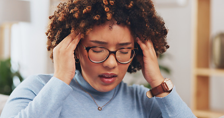 Image showing Headache, woman and pain in home from stress, mental health problem and fatigue. Face of depressed, sick and frustrated female in anxiety, burnout and brain fog of mind, vertigo and worried of crisis