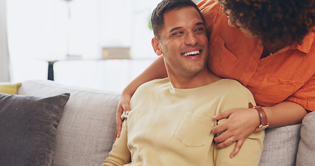 Image showing Love, hug and happy couple on sofa with phone to check social media meme and happiness together in apartment. Smile, man and woman in living room, watching funny video post online and bonding in home