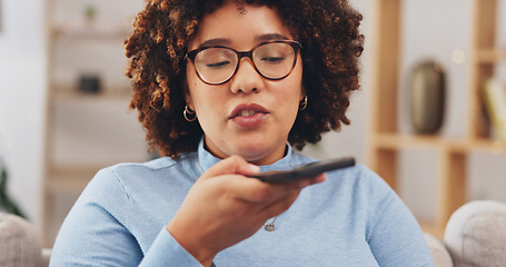 Image showing Woman, talking and phone call with loudspeaker in home for voice note, sound and conversation. Young female, mobile and communication with microphone for audio chat, connection and digital recording