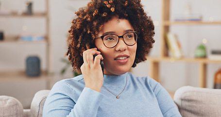 Image showing Relax, talking and woman on a phone call on the sofa, communication and answering a mobile. Smile, thinking and a young girl speaking on a cellphone for conversation, connection and happiness at home