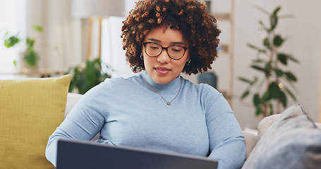 Image showing Happy woman, laptop and remote work in home, living room and research online to download media. Female freelancer, computer technology and typing on internet for elearning, website and reading blog