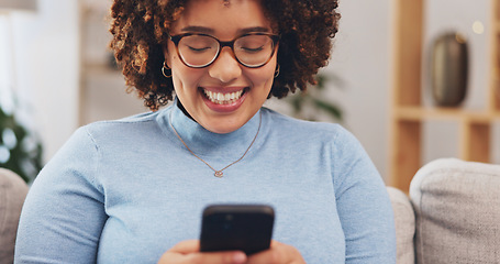 Image showing Happy, phone and relax with woman on sofa for social media, internet and text message. Funny, smile and technology with female in living room at home for communication, connection and digital app