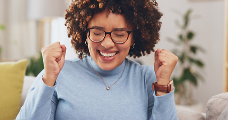 Image showing Happy woman with laptop, fist pump and yes to win, winning prize in competition or reward with success at home. Winner, email announcement with celebration, bonus and female cheers for achievement