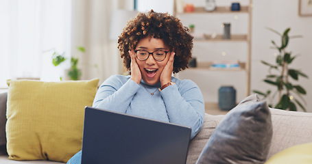 Image showing Woman with laptop, fist pump and yes to win, person winning prize in competition or reward with success at home. Winner, email announcement with celebration, bonus and female cheers for achievement