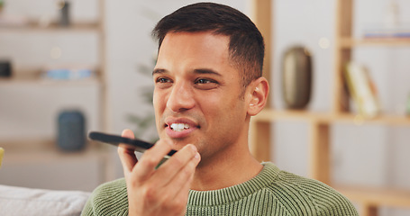 Image showing Happy man, talking and phone call with loudspeaker in home for voice note, sound and conversation. Male person, mobile and communication with microphone connection, audio chat and digital recording