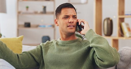 Image showing Angry, frustrated and phone call of man in home with anger problem, stress and mad at hearing bad news. Confused, upset and unhappy male person talking on mobile conversation, argument and complaint