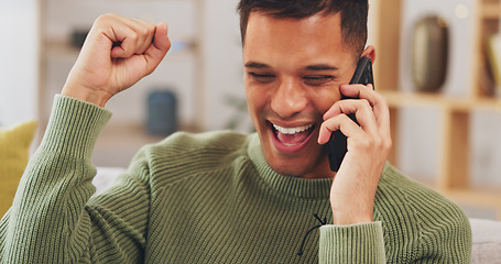 Image showing Phone call, celebration and happy man in home for success, lottery and winning competition. Good news, deal and excited guy talking on mobile while cheering for achievement, bonus and lotto winner