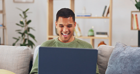 Image showing Laptop, celebration and happy man in home for success, lottery and winning competition online. Good news, computer and excited guy cheering for website achievement, applause and lotto prize winner
