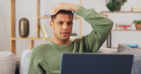 Image showing Stress, fail and laptop of man on sofa reading news, results or feedback on application problem, rejection or feedback. Anxiety, frustrated and person at home with computer error, mistake or email