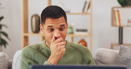 Image showing Laptop, smile and man on couch, surprise and cheerful at home, online reading or happiness. Male, person and guy with technology, shocked or facial expression with wow, omg or social media with emoji