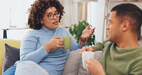 Image showing Couple have conversation, communication and relax on living room couch, spending quality time together. Partner, love and respect, people talk and connection with man listening as woman tells story