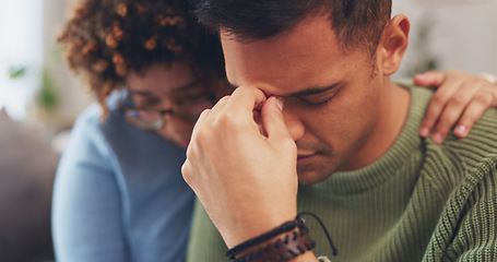 Image showing Couple is sad, woman comforting man with empathy, support and love while sitting in living room at home. Grief, loss and mental health with depression, stress and people in relationship in crisis