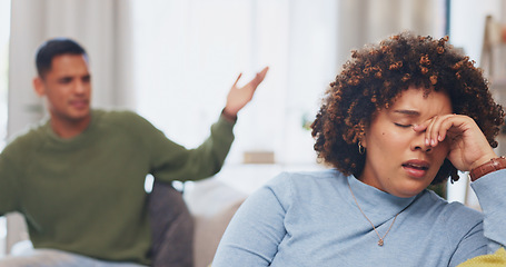 Image showing Sad, couple fighting and conflict in home for marriage problem, cheating or infidelity. Stress, divorce and man and woman on sofa in living room for breakup argument, depressed or relationship fail.