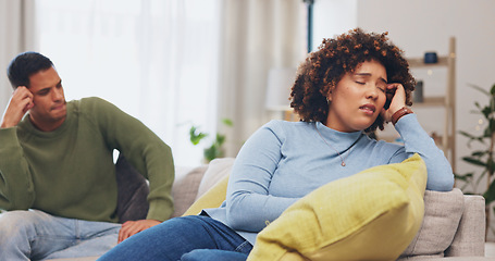 Image showing Sad couple, thinking and conflict in home for marriage problem, cheating or infidelity. Stress, divorce and man and woman on sofa in living room for breakup fight, depressed and relationship fail.
