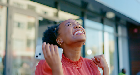 Image showing Phone call, surprise and excited black woman celebrate for good news, achievement or winning worldwide competition. Wow, winner celebration abd urban city person happy for success, bonus or 5g reward